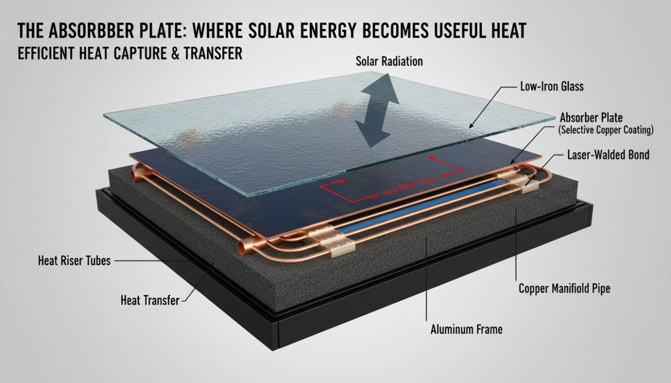 Flat plate solar collector absorber plate diagram showing solar radiation, low-iron glass, selective copper coating, laser-welded bond, heat riser tubes, and copper manifold pipe
